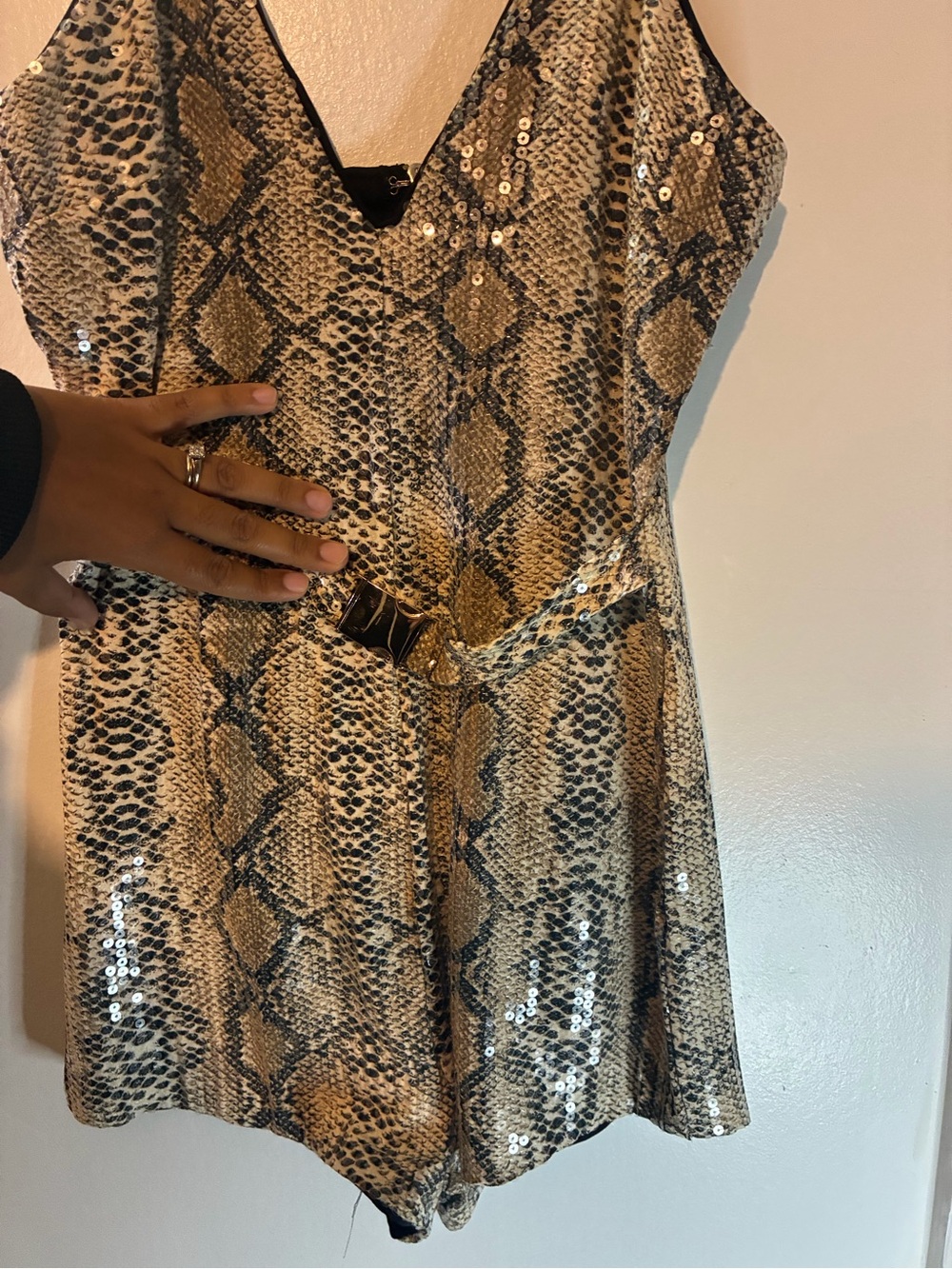 Snake Print Sequin Slip Dress - Beige